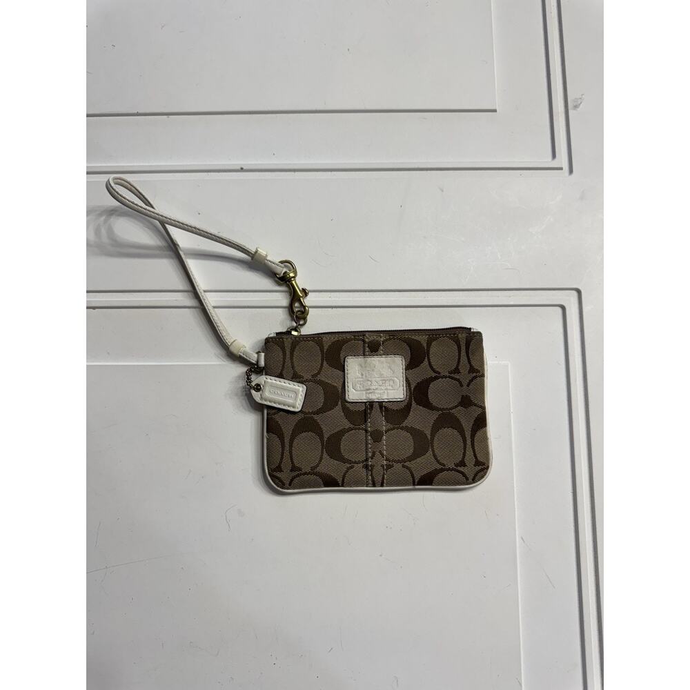 Coach Small Signature Brown White Monogram Wallet Wristlet Change Purse